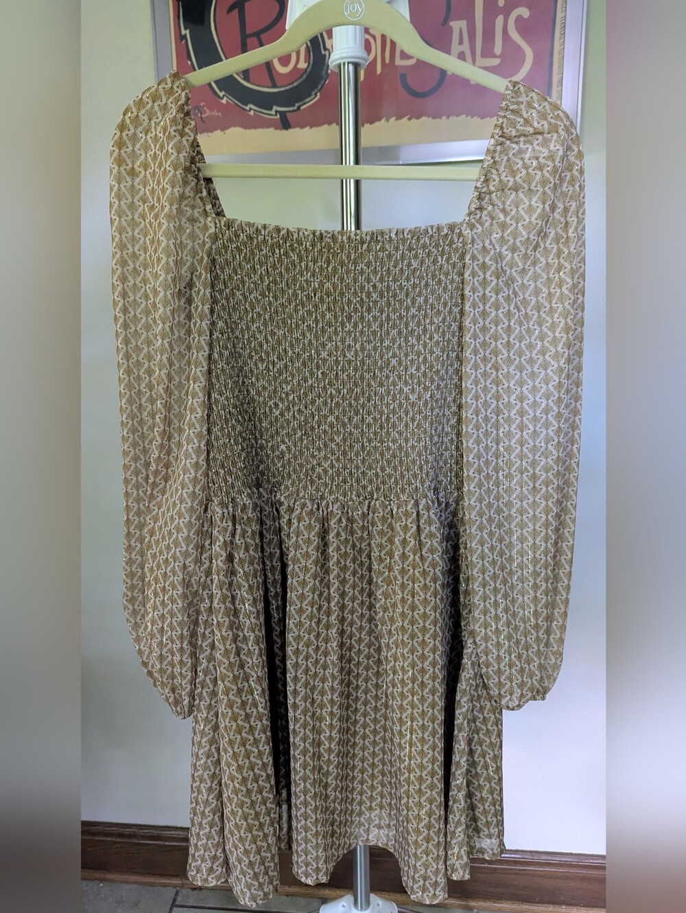 NWT Kourt Calypso Smocked Gold Metallic Shimmer Mini Dress Size M $45